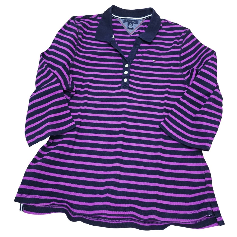Tommy Hilfiger Black Purple Striped Polo Shirt‎ Women XL Plus Striped Casual